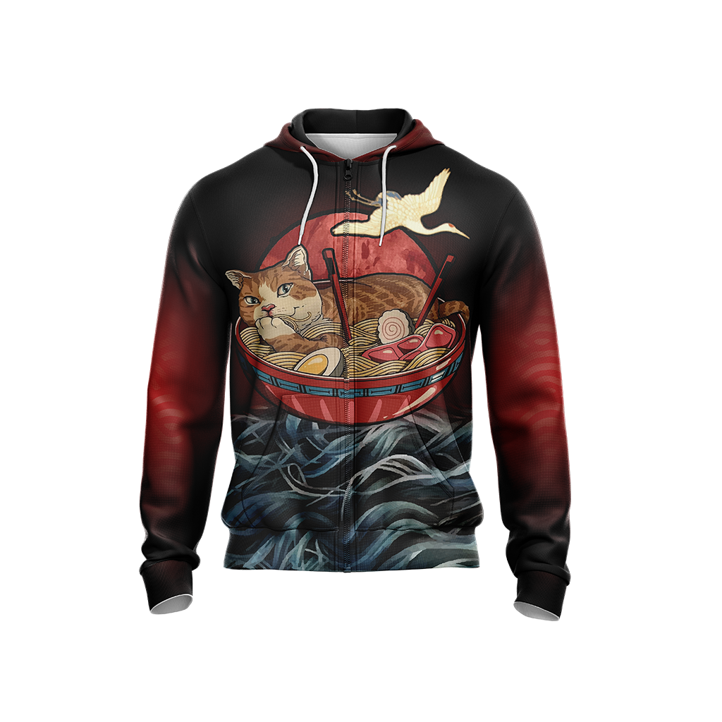 Vintage Cat and Ramen Japanese Style Unisex Zip Up Hoodie
