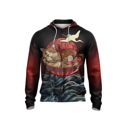 Vintage Cat and Ramen Japanese Style Unisex Zip Up Hoodie
