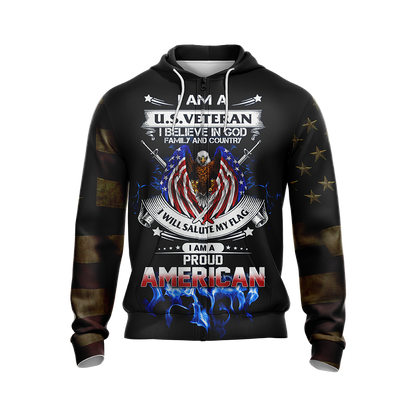 I Am A U.S. Veteran I Believe In God Family And Country Unisex Zip Up Hoodie