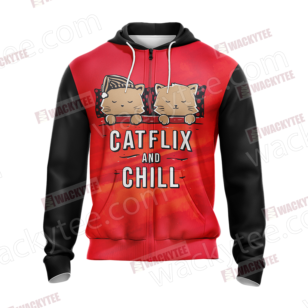 Catflix And Chill Unisex Zip Up Hoodie Jacket