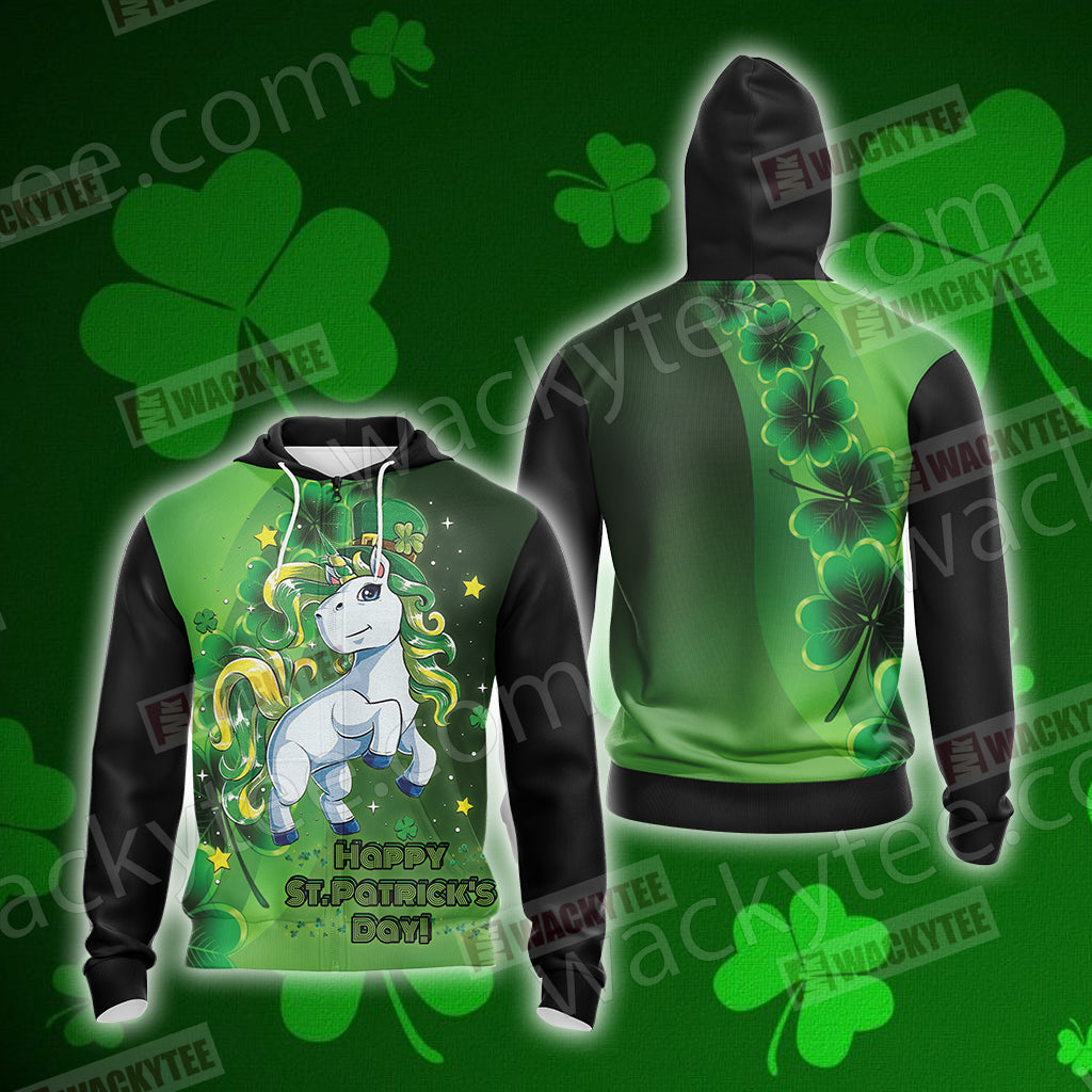 Unicorn Happy Saint Patrick's Day Unisex Zip Up Hoodie Jacket 4XL