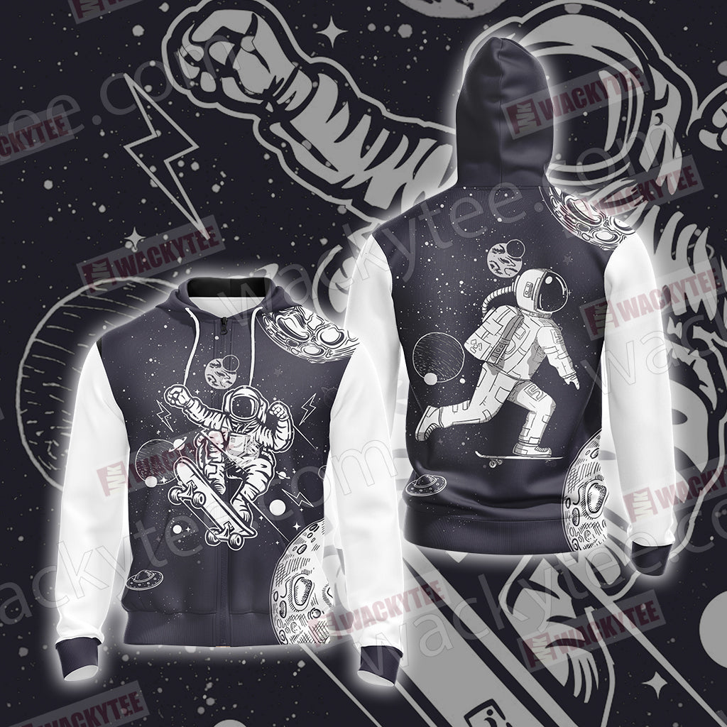 Astronaut Skateboarding Unisex Zip Up Hoodie Jacket