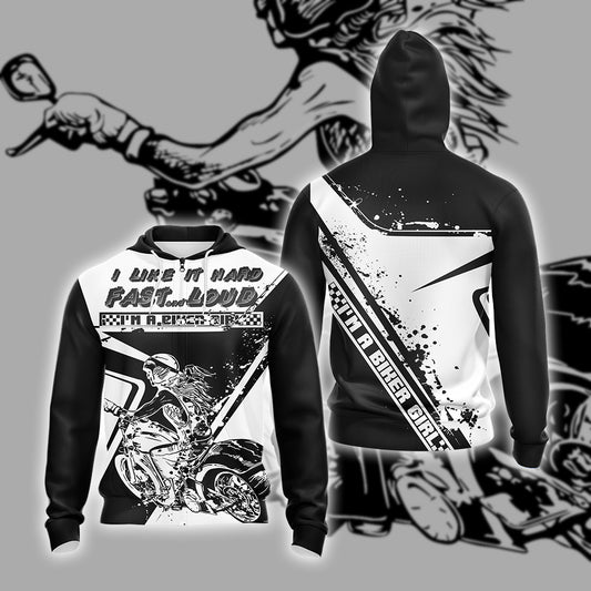 Biker Girl I Like It Hard Fast Loud Unisex Zip Up Hoodie 4XL