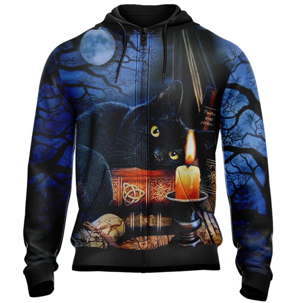 Witching Hour Black Cat Halloween Unisex Zip Up Hoodie