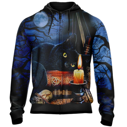 Witching Hour Black Cat Halloween Unisex Zip Up Hoodie
