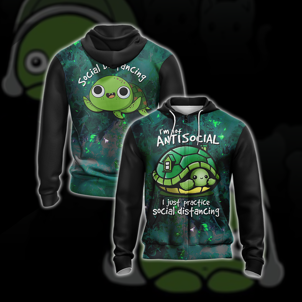 I Just Practice Social Distancing Funny Turtle Unisex Zip Up Hoodie 4XL
