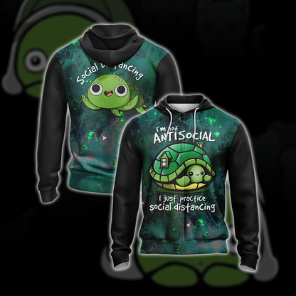 I Just Practice Social Distancing Funny Turtle Unisex Zip Up Hoodie 4XL