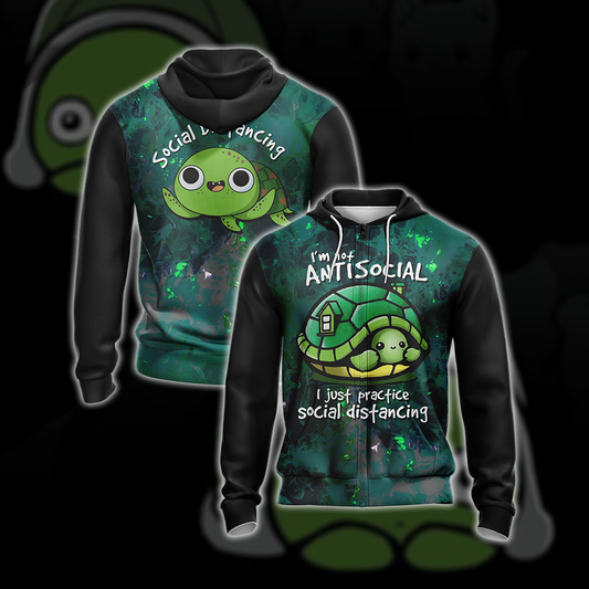 I Just Practice Social Distancing Funny Turtle Unisex Zip Up Hoodie 4XL