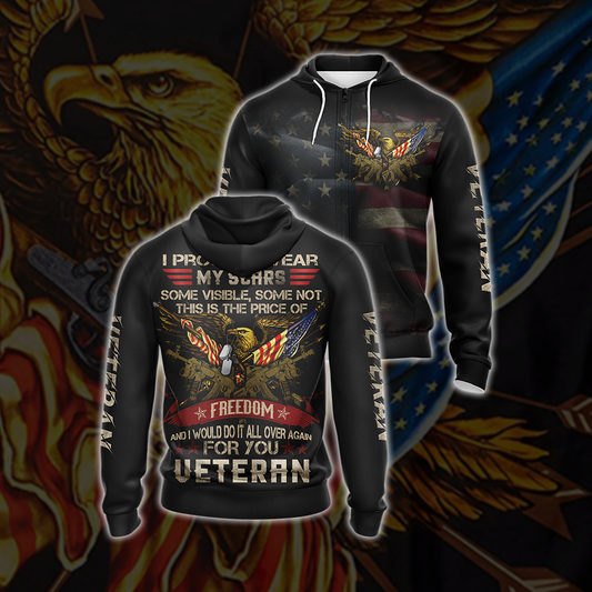 I Proudly Wear My Scars Some Visible Some Not - Veteran Unisex Zip Up Hoodie 4XL