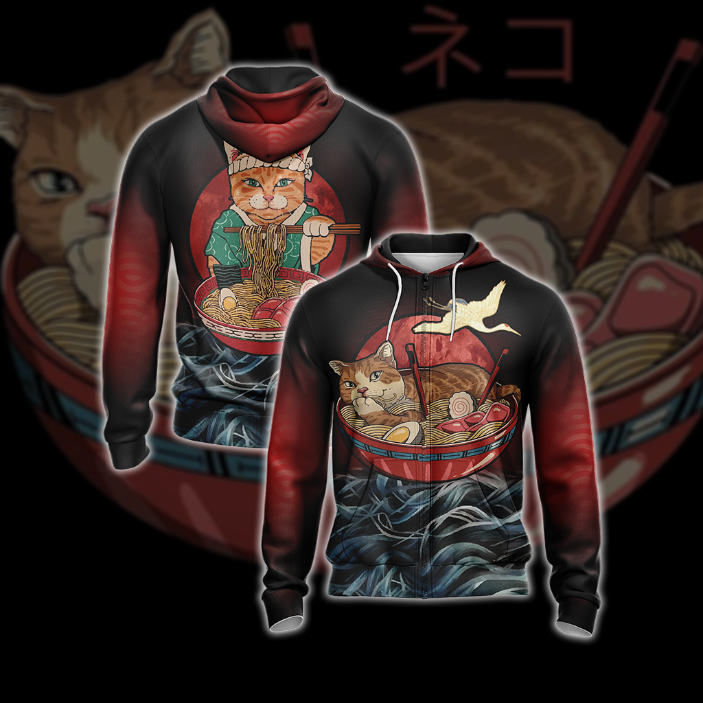 Vintage Cat and Ramen Japanese Style Unisex Zip Up Hoodie 4XL