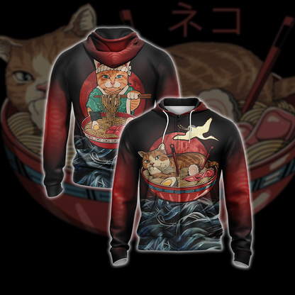 Vintage Cat and Ramen Japanese Style Unisex Zip Up Hoodie 4XL