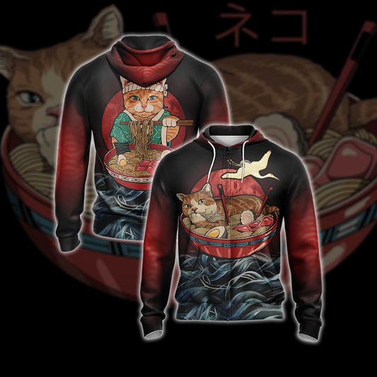 Vintage Cat and Ramen Japanese Style Unisex Zip Up Hoodie 4XL