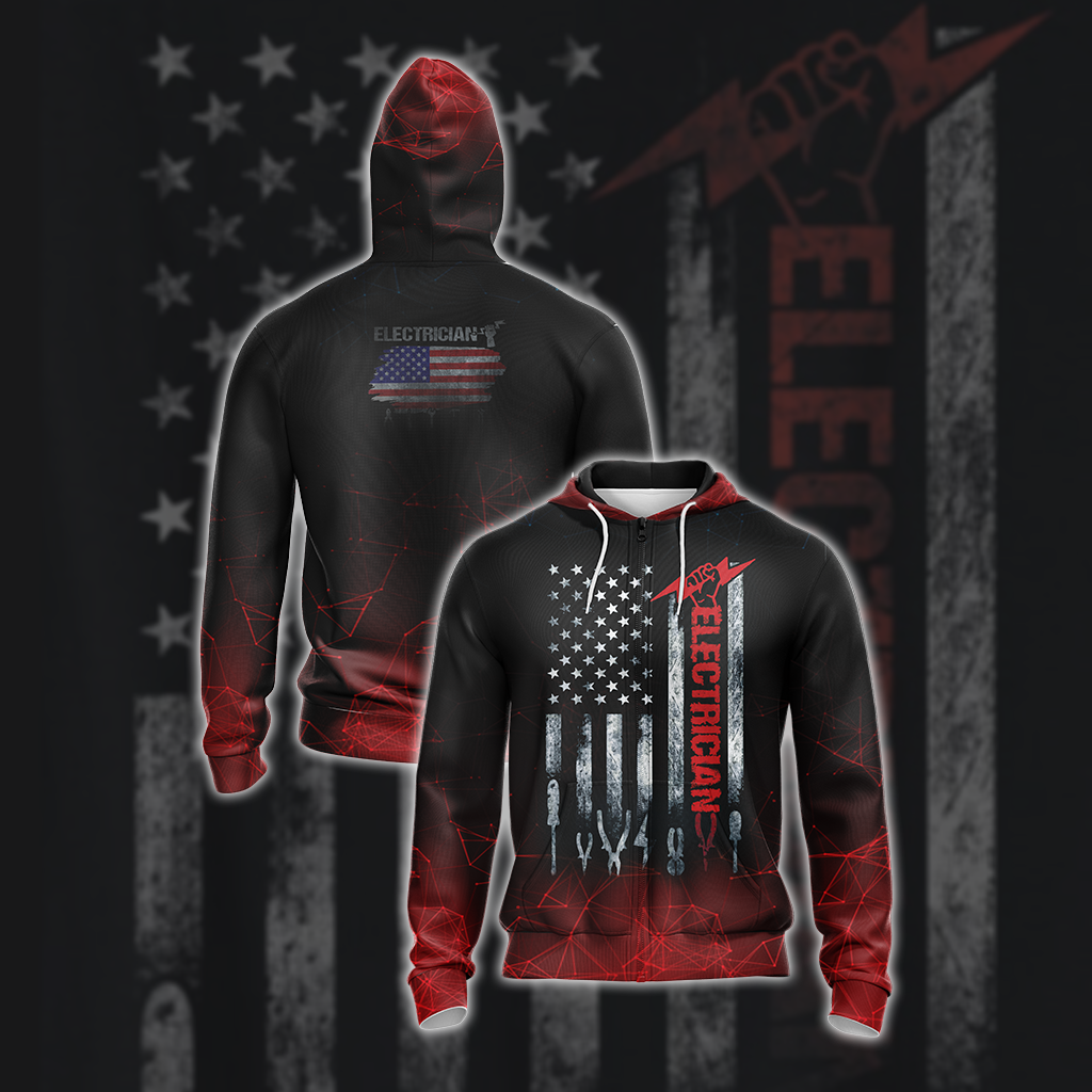 Patriotic Electrician American Flag Unisex Zip Up Hoodie 4XL